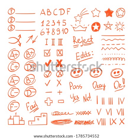Handdrawn red pen test result marks set. Verification of homework marker for passing exams college classification studies at university correct erroneous answers reporting sketches. Vector doodle.