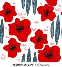 Hand-drawn red poppies, green leaves and small pink flowers, seamless pattern, perfect for decoration, drawing for fabric or wrapping paper