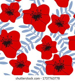 Hand-drawn red poppies and pale blue fern leaves, seamless pattern, perfect for decoration, pattern for fabric or wrapping paper