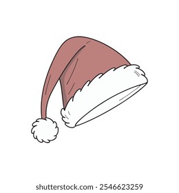Hand-drawn red Santa hat with fluffy white trim for Christmas-themed designs,Minimalist Santa Claus hat illustration for holiday projects and decor