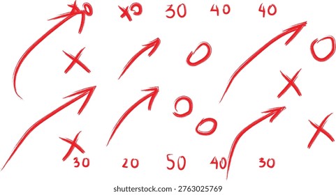 Hand-drawn red strategy diagram illustrates complex tactical planning for sports or business, showcasing movements, objectives, and strategic decisions through Xs, Os, arrows, and numbers on a white background, visualizing successful execution and team coordination effectively.