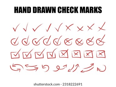 Hand-drawn red strokes and pen markings V marks collection, Doodle check right and wrong marks sign and underlines. Vector markers check handwritten signs and checkboxes, confirmation negative icons