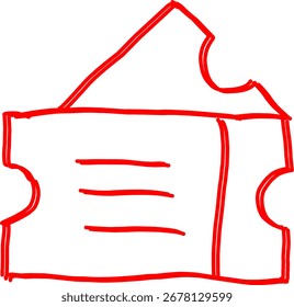 Ícone de bilhete vermelho desenhado à mão com linhas simples, simbolizando entrada, cinema, eventos, shows ou admissão. Excelente para aplicativos, promoções, entretenimento e projetos de design.
