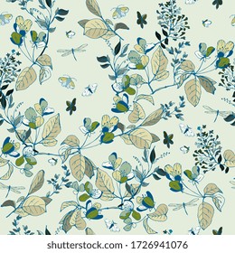 Hand-drawn red twigs with flowers and leaves of apple on a ochre, light sage green color background. Tender spring seamless vector pattern. Square repeating design for fabric and wallpaper.