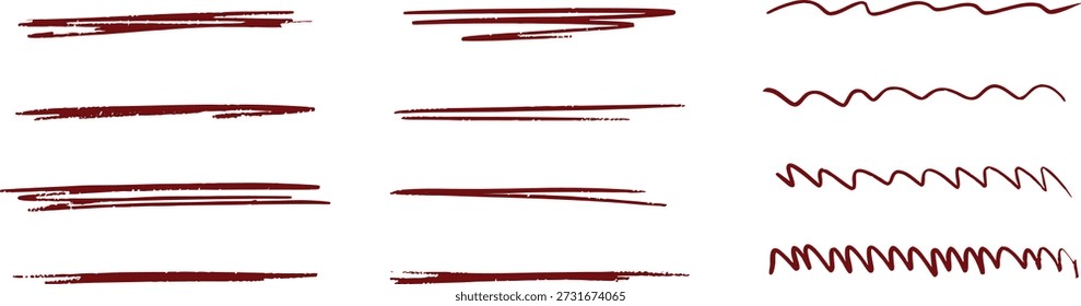 Traçados de sublinhado vermelho desenhados à mão e linhas onduladas em um estilo de marcador de esboço. As marcas ásperas orgânicas acrescentam ênfase, movimento e talento criativo. Ideal para destaques, anotações, destaques tipográficos e design gráfico moderno.