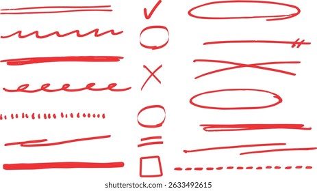 Vector rojo dibujado a mano subrayado, círculos y marca de verificación de la decoración