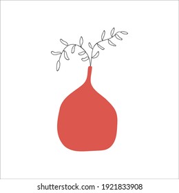 A hand-drawn red vase with branches made with lines and a texture brush. Contemporary vector illustration.