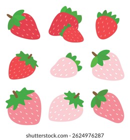 Hand-Drawn Red and White Strawberries with Leaves – Vector Fruit Collection