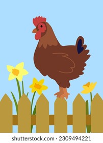 hand-drawn red-brown rooster sits on a fence with flowers