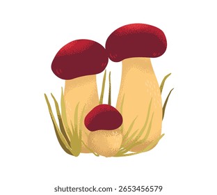 Cogumelos de cabeça vermelha desenhados à mão em grama amarela, ilustração estilizada de fungos florestais, isolados sobre fundo branco.