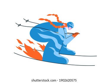 Handgezeichneter Rotkopfschuhfahrer in einem blauen Anzug. Eine junge Frau Ski in einer aerodynamischen Pose mit voller Geschwindigkeit, dass das Feuer unter der Ski leuchtet. Vektorgrafik im Cartoon-Stil auf Weiß.