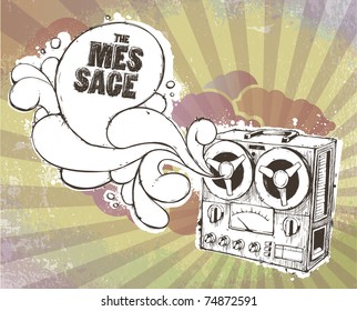 Hand-drawn reel recorder on dirty background. Layered. Vector EPS 10 illustration.