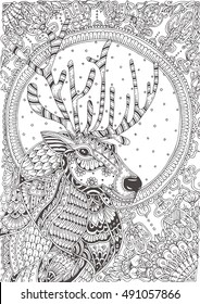 Hand-drawn reindeer with ethnic pattern. Coloring page - zendala, for  relaxation and meditation for adults, vector illustration, isolated on a white background. Zen doodle.
