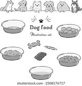 A hand-drawn, relaxed and cute illustration of a dog and food. A rough and stylish impression. Vector illustration.