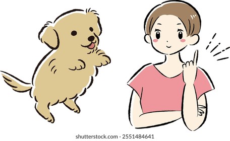 A hand-drawn, relaxed and cute illustration of a dog and a person. A rough and stylish impression. Vector illustration.