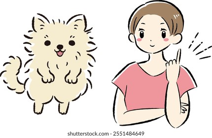 A hand-drawn, relaxed and cute illustration of a dog and a person. A rough and stylish impression. Vector illustration.