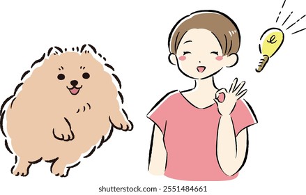 A hand-drawn, relaxed and cute illustration of a dog and a person. A rough and stylish impression. Vector illustration.