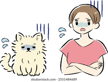 A hand-drawn, relaxed and cute illustration of a dog and a person. A rough and stylish impression. Vector illustration.