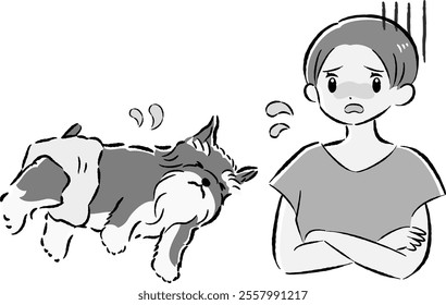 A hand-drawn, relaxed and cute illustration of a dog and a person. A rough and stylish impression. Vector illustration.