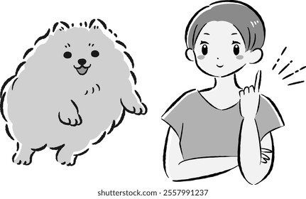 A hand-drawn, relaxed and cute illustration of a dog and a person. A rough and stylish impression. Vector illustration.