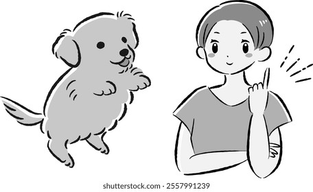 A hand-drawn, relaxed and cute illustration of a dog and a person. A rough and stylish impression. Vector illustration.