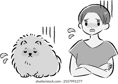 A hand-drawn, relaxed and cute illustration of a dog and a person. A rough and stylish impression. Vector illustration.