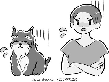 A hand-drawn, relaxed and cute illustration of a dog and a person. A rough and stylish impression. Vector illustration.