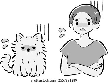 A hand-drawn, relaxed and cute illustration of a dog and a person. A rough and stylish impression. Vector illustration.