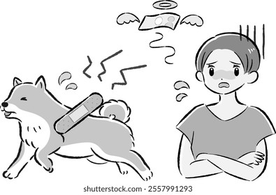 A hand-drawn, relaxed and cute illustration of a dog and a person. A rough and stylish impression. Vector illustration.