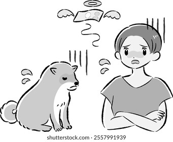 A hand-drawn, relaxed and cute illustration of a dog and a person. A rough and stylish impression. Vector illustration.
