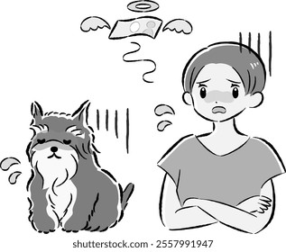 A hand-drawn, relaxed and cute illustration of a dog and a person. A rough and stylish impression. Vector illustration.