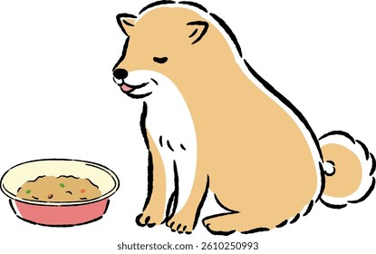 A hand-drawn, relaxed and cute illustration of a dog and food. A rough and stylish impression. Vector illustration.