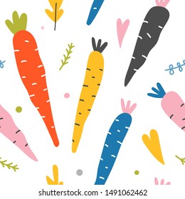 Handdrawn repeat pattern with colorful carrots in scandinavian colors. Sketch style red carrots, hand drawn seamless vector background, good for baby wallpaper, wrapping paper or textile fabric.