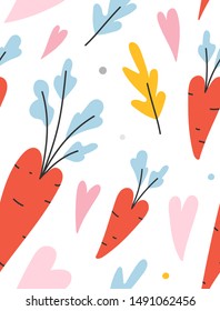 Handdrawn repeat pattern with heart shaped carrots in scandinavian colors. Sketch style red carrots, hand drawn seamless vector background, good for baby wallpaper, wrapping paper or textile fabric.