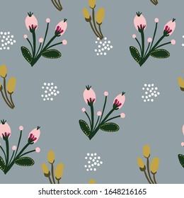 Hand-drawn Repeat Wildflower Botanical Pattern with pink flowers and gray background. Seamless floral pattern. Stylish repeating texture. Vintage.