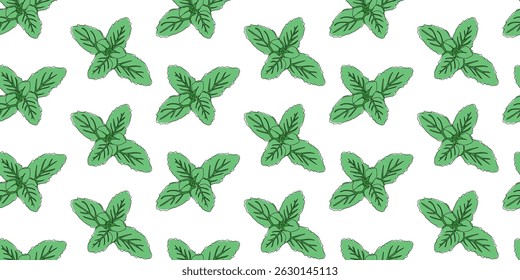 Hand-drawn repeating mint leaf seamless pattern in green on white background, perfect for herbal, fresh, and natural-themed designs