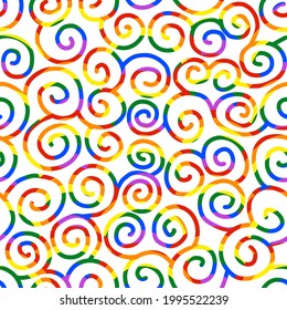 Hand-drawn repeating spiral curl and Rainbow Multicolor seamless pattern. LGBTQ+ concept in pattern design. support for the LGBT community. Pride Month, Love Freedom, Peace Symbol, vector