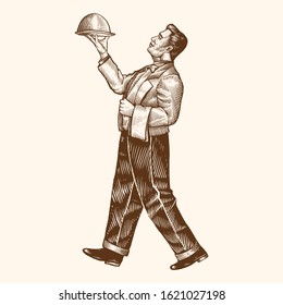 Hand-drawn restaurant waiter's holding tray for hot dishes. Vintage illustration for design menu restaurant or cafe.