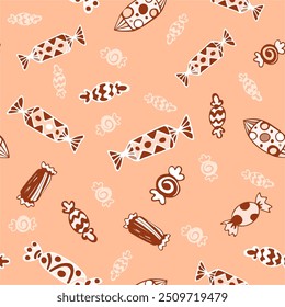 A hand-drawn retro candy background, a seamless pattern with a confectionary design, various wrapped candies tossed on a peach fuzz background