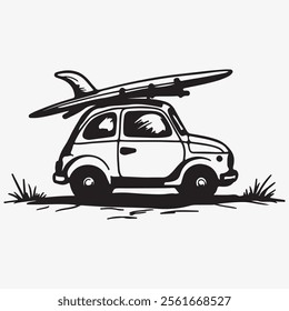 Hand-Drawn Retro Car on Road Trip Vector with Travel Theme, Vintage Adventure Illustration