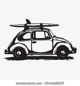 Hand-Drawn Retro Car on Road Trip Vector with Travel Theme, Vintage Adventure Illustration