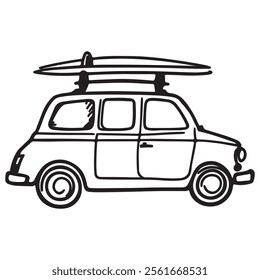 Hand-Drawn Retro Car on Road Trip Vector with Travel Theme, Vintage Adventure Illustration