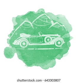 Hand-drawn retro car on a watercolor stain on a transparent background. Vector illustration in cartoon style.
