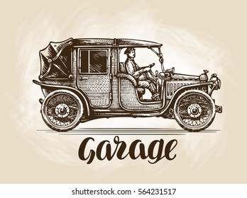 Hand-drawn retro car. Sketch vector illustration