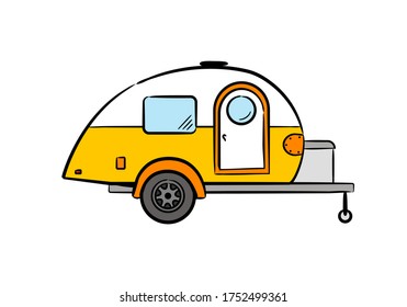 Hand-drawn retro caravan trailer. Camper isolated on white background. Vector illustration on the theme of travel, caravanning, camping, hiking and motorhomes.