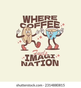 Hand-drawn retro cartoon vector characters of coffee
