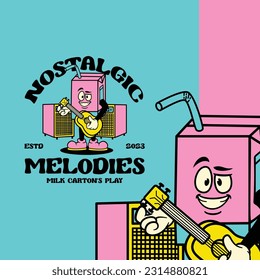 Caricatura retro dibujada a mano personajes vectores de leche