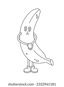 Hand-drawn retro character of banana with sad face. Concept of lonely banana, food waste. Vector illustration in trendy retro cartoon style. Line art