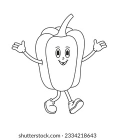 The hand-drawn retro character of bell pepper. Vector illustration in trendy retro cartoon style. Line art.