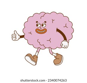 The hand-drawn retro character of the brain. Concept of mental health. Vector illustration in trendy retro cartoon style. 